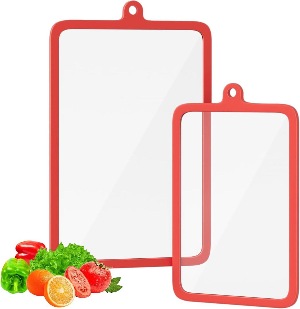 Freshmage 2Pcs Tempered Glass Cutting Boards for Kitchen, Glass Cutting Board Set (15"x10" & 12"x8") with Non-Slip Silicone Edges and Hanging Hole, Clear Cutting Board for Countertop & Chopping