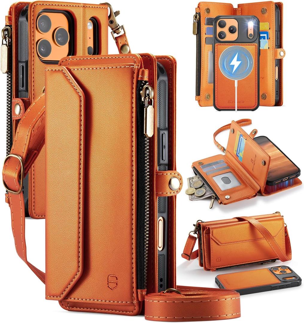 Strapurs for iPhone 17 Pro Max Detachable Wallet Case Compatible with Magsafe, RFID Blocking 9-Card Holder Zipper Strap Lanyard PU Leather Magnetic Phone Case for iPhone 17 Pro Max 6.9", Orange