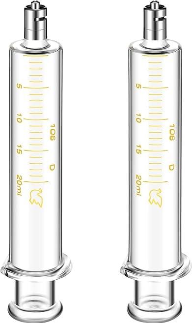 TrelaCo 2 Pack 20ml Reusable Glass Syringe with No Needle, Measurement and Dispensing Syringe Tools for Liquid Measuring, Feeding Pets, Oil or Glue Applicator