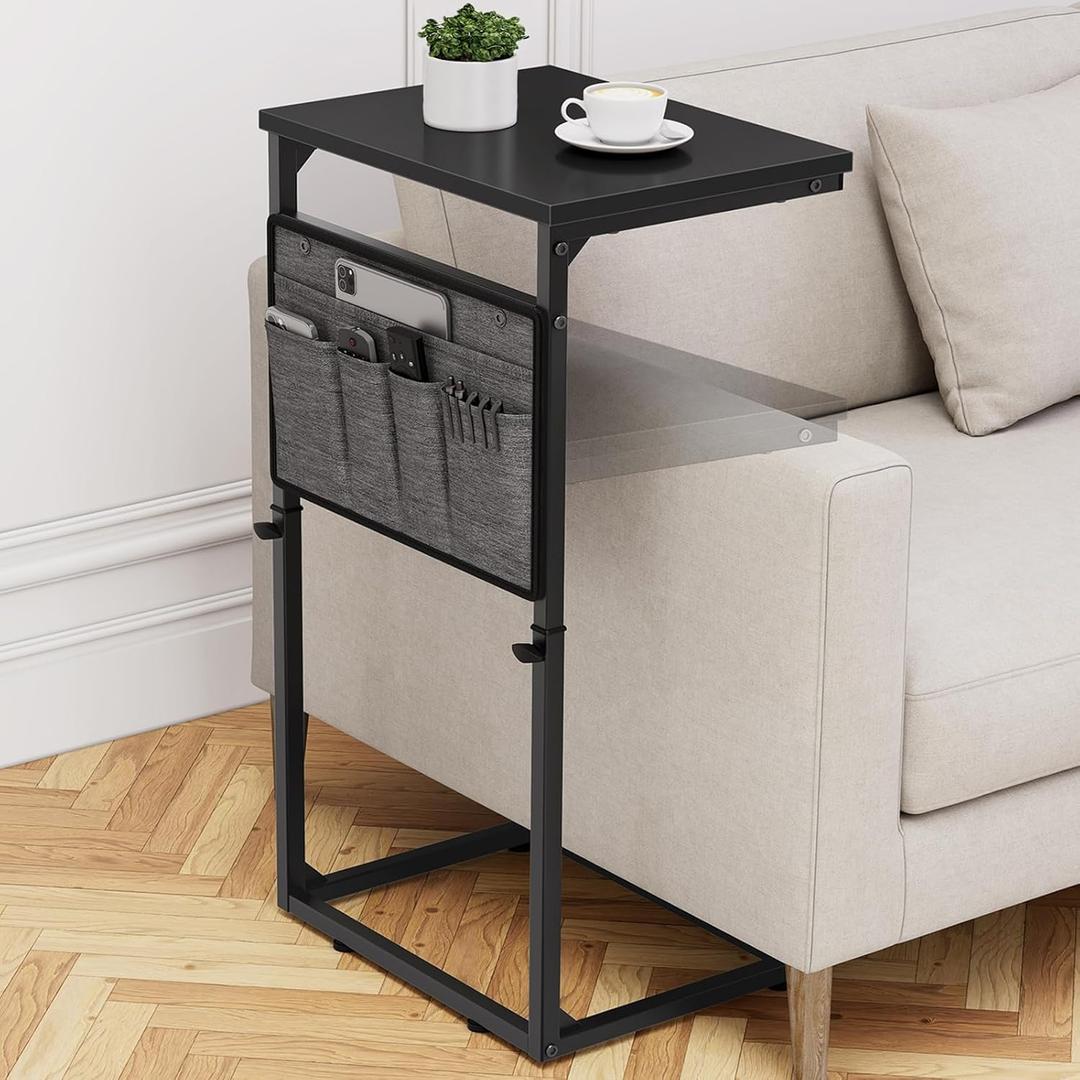 Vagusicc C Shaped End Table, 33'' Tall Side Table for Couch, Adjustable Height Small Couch Side Table for Small Spaces, Couch Table Slide Under Sofa Table TV Tray Table for Living Room Bedroom, Black (16.35"D x 11.62"W x 17.7-32.5"H)