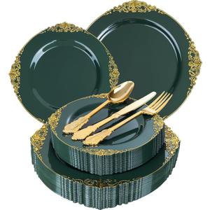 125PCS Green Plastic Plates - Green and Gold Disposable Plates - Fancy Vintage Plate with Gold Plastic Silverware Set for 25 Guests for Party Wedding Spring