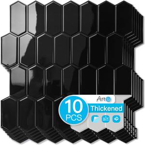 Art3d 10-Sheet Heavy-Duty Peel and Stick Backsplash, Self-Adhesive Vinyl Wall Tiles for Kitchen Countertop Bathroom, Black (12 x 12 Inch)