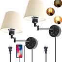 Wall Mounted Bedside Lamps with USB and 2 Pin Socket,Bedroom Sconces Set of 2 Cord and Switch,Dimmable Swing Arm Wall Sconce with White Linen Fabric Shade(E26/E27 Bulbs Not Included)