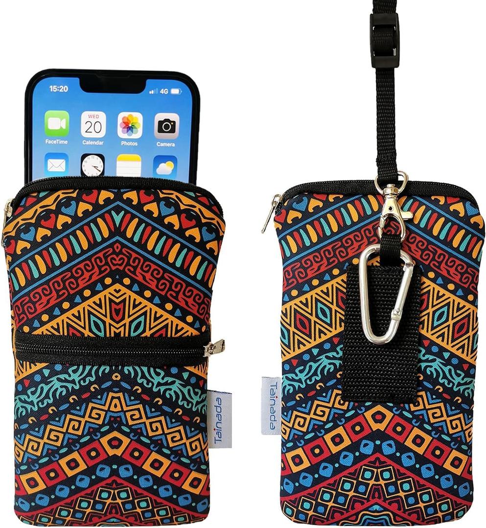 Tainada Men Women Cell Phone Neoprene Shockproof Zippered Sleeve Case Bag Pouch w/Clip Hook, Neck Lanyard, Belt Loop Holster for iPhone 17/16 Pro Max, Air, 16 Plus, 16e; Samsung S25+ (Folk Style 1)