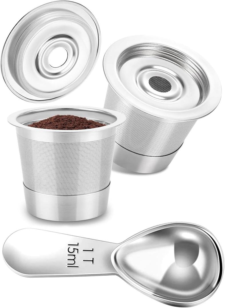 Reusable Stainless Steel Coffee Pod, Compatible with Keurig Makers, 50mm x 42mm (Two containers + graduated spoons)