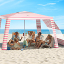Rhino Valley Beach Cabana, 120 Sq. Ft Beach Canopy UPF50+ Protection, Easy Setup & Adjustable Height Beach Tent Sun Shelter with Cup Holder, Portable for 4-8 People, Pink & White Stripes
