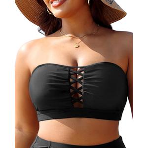 Plus Size Bikini Swimsuit Top - Women Bandeau Swim Top Lace Up Bathing Suit Bra for Large Bust Swimwear (Black, L)