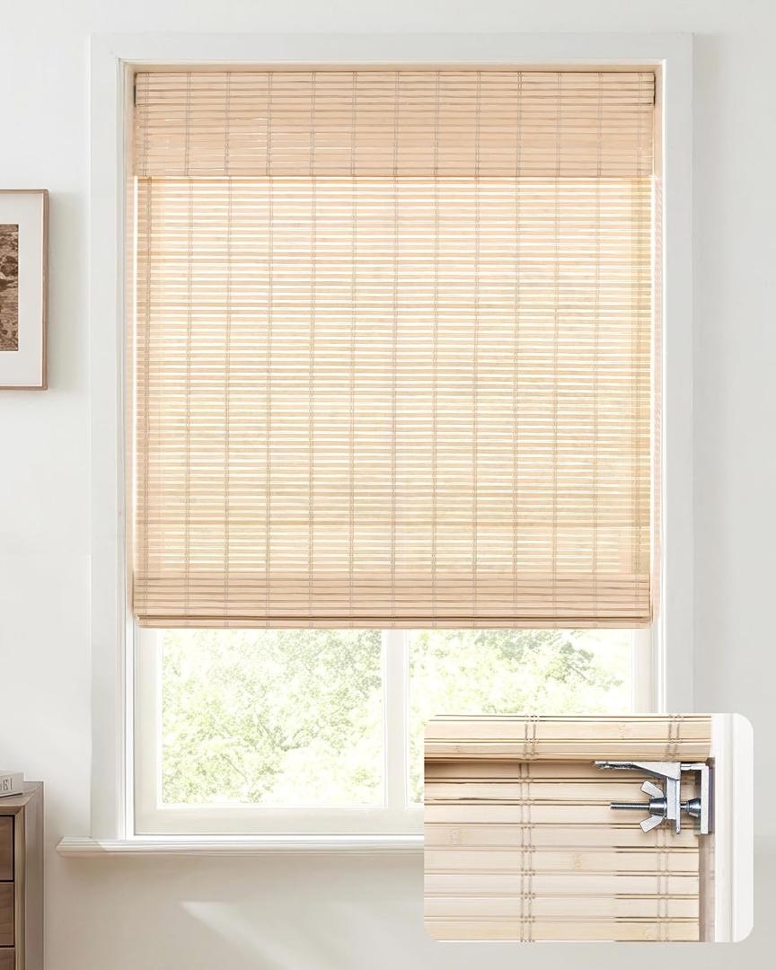 UNISHADES No Drill Cordless Bamboo Roman Shades, 35x64 in, Natural | Natural material, Light Filtering, Easy Install