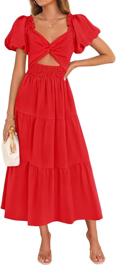ZESICA Womens Summer Casual Flowy Vacation Maxi Dress 2026 Short Puff Sleeve A Line Smocked Cutout Beach Party Dresses (Red, S)