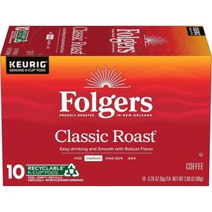 Folgers Classic Roast Coffee, Medium Roast, Keurig K-Cup Pods, 10 Count Box (EXP 01/12/27)