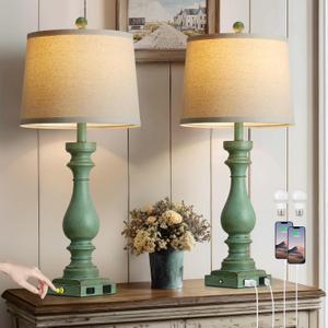 29" Tall Vintage Table Lamps Set of 2,Retro Green Bedside Lamps with USB C+A Ports & AC Outlet,3-Way Dimmable Touch Lamp for Night Stands Living Room Bedroom,Green