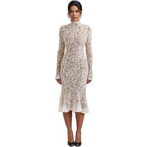 Women Vintage Mock Neck Floral Lace Long Sleeves Midi Dress with Back Zipper Elegant Flowy Bodycon Dresses (White, XS)
