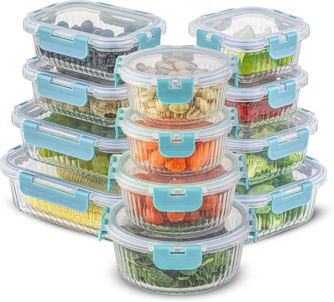 JoyJolt 24pc Borosilicate Glass Storage Containers with Lids | 12 Airtight/Freezer Safe Food Storage Containers for Pantry and Kitchen | Meal Prep Container for Lunch | Glass Tupperware Set (Blue)