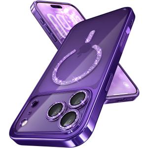 Magnetic for iPhone 17 Pro Max Case with Glitter Integrated Lens Protection, [Glossy Bumper & Shiny Magnetic Ring] [Compatible with Magsafe] Cute Women Girly Phone Case for iPhone 17 Pro Max Purple
