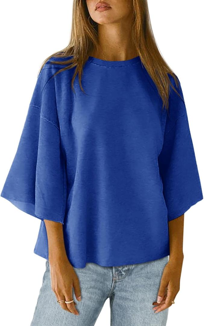 Tankaneo Womens Oversized Tshirts 3/4 Sleeve Drop Shoulder Tops Summer Casual Loose Fit Basic Tee Shirts (X-Large, Blue)