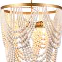 Bohemia Wood Beaded Chandelier - Boho 5-Light Gold and Oak Finish Beaded Light Fixture for Dining, Living, Bedroom, Nursery, Girl Room, Hallway, Entryway