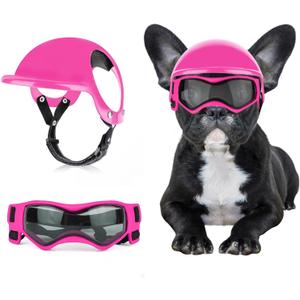 Dog Helmet with Dog Goggles for Small Dogs - Pet Motorcycle Helmet Hat with Ear Holes Adjustable Straps Safety Helmet for Puppy Riding - Pink
