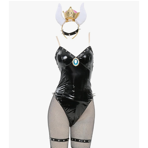 MEOWCOS Bodysuit for Women Cute Blue Princess Bunny Girl Costume Faux Leather Halloween Costume Size XL