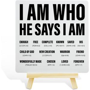 Christian Decor Wooden Sign, Christian Baptism Gifts for Women Men, Faith Religious Scripture Decor, God Decorations for Home Office Bedroom, Bible Verse Desk Decoration, I Am Who He Says