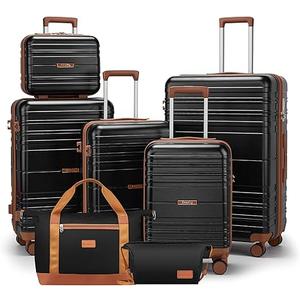 Luggage Sets with spinner wheels, PC+ABS Hard Shell Travel Luggage,Lightweight Carry-on suitcases with TSA Lock,YKK Zippers (Black, 7 piece suitcase sets（14/18/20/24/28/DB/TB）)