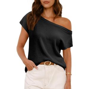 Saodimallsu Womens Off One Shoulder Sweater Tops Summer Short Sleeve Casual Loose Knit Trendy Going Out Tops (Large, Black)