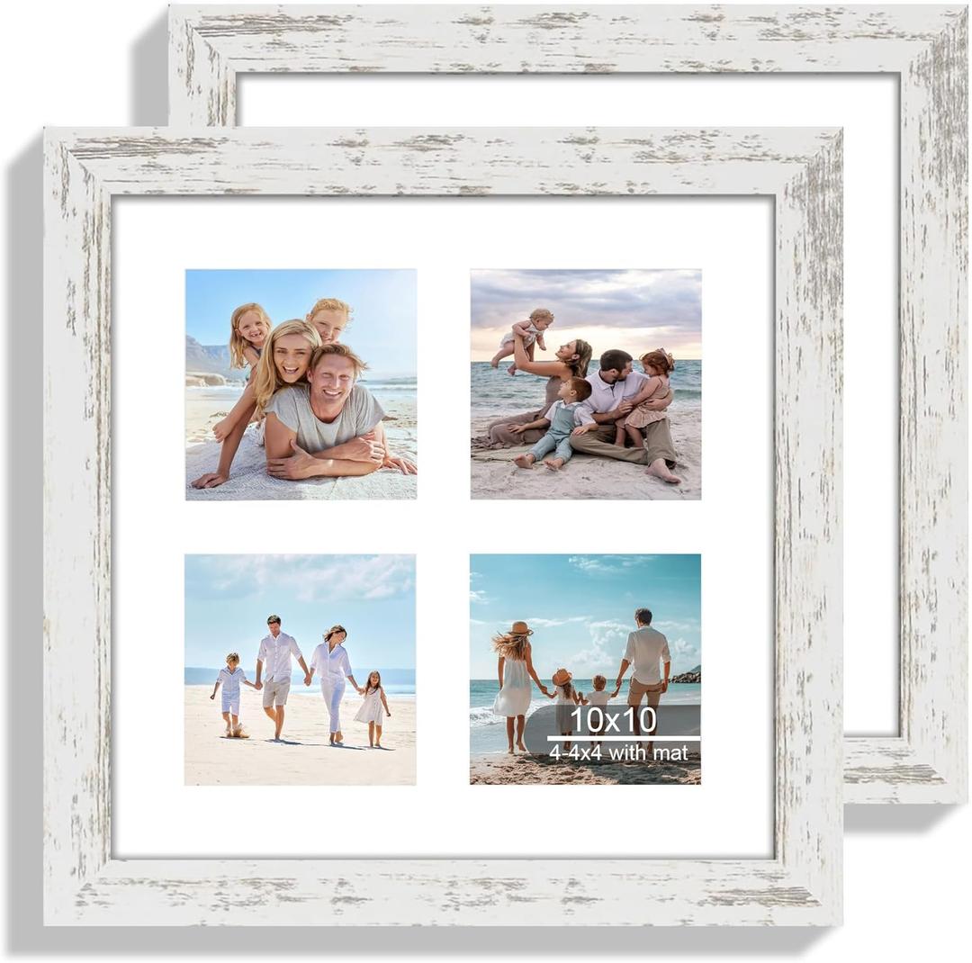 10x10 Picture Frame Set of 2, Real Glass and Distressed White Collage Frame, Display Pictures Four Opening 4x4 With Mat or 10 x 10 Without Mat for Wall Hanging or Tabletop