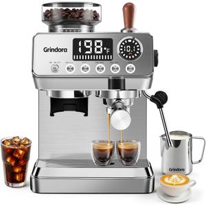 Espresso Machine with Grinder,20 Bar,44 Grind Setting,Milk Frother | Stainless Steel Coffee Machine, Easy-Clean, PID Temp Control, Built-in Grinder, Latte, Cappuccino, Americano & Hot/Cold Brew