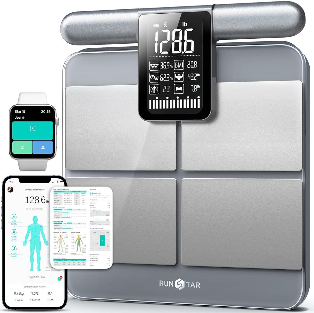 RunStar 8-Electrode Scale for Body Weight, Accurate Body Composition Scale with BMI Body Fat Muscle Mass 28 Metrics, Rechargeable Body Analyzer with Large Screen Handle, 400lb, Silver