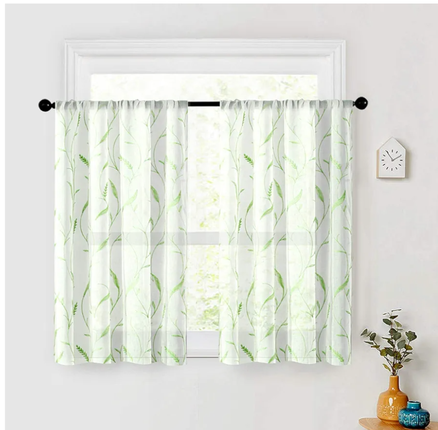MRTREES Sheer Tier Curtains Rod Pocket, Short Sheer Voile Kitchen Tiers, Leaves Embroidered Christmas Cafe Curtains Small Window Treatment for Bathroom(2 Panels, 30x30 Inches, Green Wheat Spike)