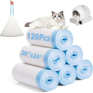 120 Pack Cat Litter Box Liners, 26.4" x 23.6" Automatic Litter Box Bags, 3MIL Extra Thick Leakproof Cat Litter Bags, Compatible with Litter Robot 3 & 4, 10-12 Gallon Heavy Duty Drawstring Waste Bags
