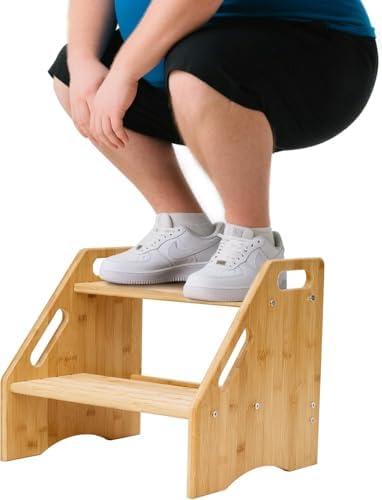 Wooden Step Stool, Two Step Stools Adjustable Height with Handle and Safety Non-Slip Pad, Bamboo Step Stool Bamboo Toddler Stool, Potty Training, Kitchen Wooden Stepping Stool (12.99inch, Natural)