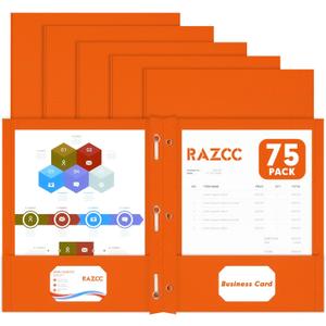 Two Pocket Folders, RAZCC 75 Pack Two Pocket Folders with Prongs, 3 Prong Folders Fit Letter Size Paper, Pocket File Folders for School Office Home Business, Orange