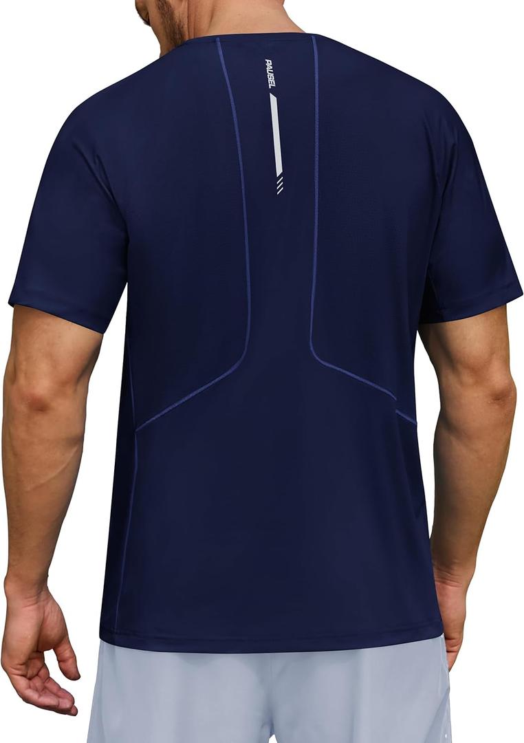 Men's UPF 50+ Sun Protection Athletic Shirts Short Sleeve Running Workout Gym Tshirts Quick Dry Swim Shirt for Rash Guard (Large, Navy Blue)