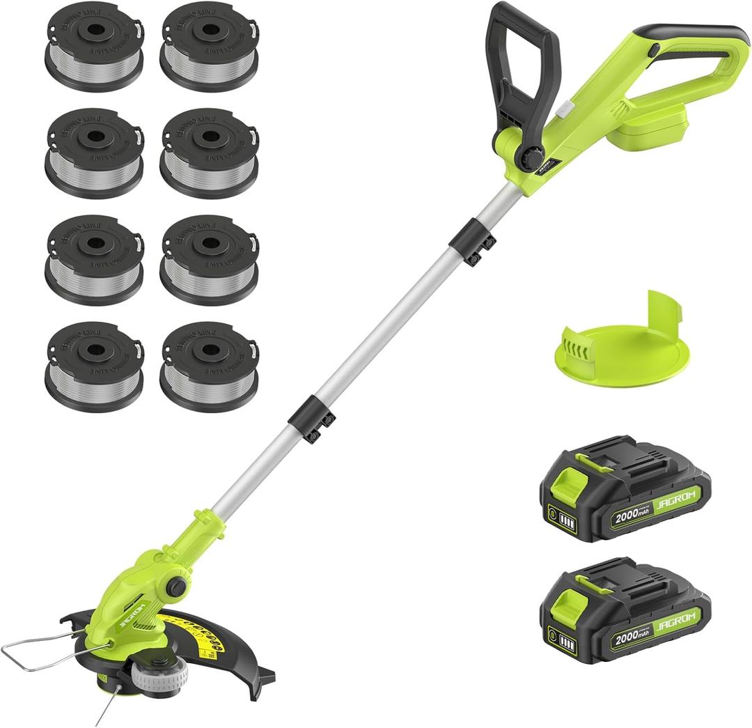 Electric String Trimmer Cordless with 2x2.0Ah Battery, 20V Weed Wacker Weed Eater with Charger, 12-inch Lawn Mover & Edger Lawn Tool, Powered Grass Trimmer with 8pcs Spool Line for Yard, Garden, Green
