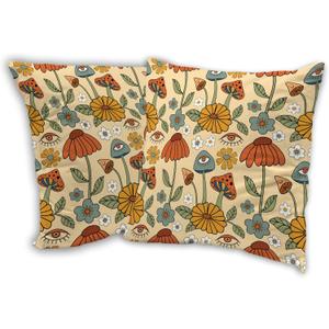 Mushrooms Throw Pillow Covers 18x18 in Set of 2,Boho Retro Groovy Floral Pillow Cases Decorative Double-Sided Square Pillowcases for Home Bed Sofa Living Room Farmhouse Outdoor