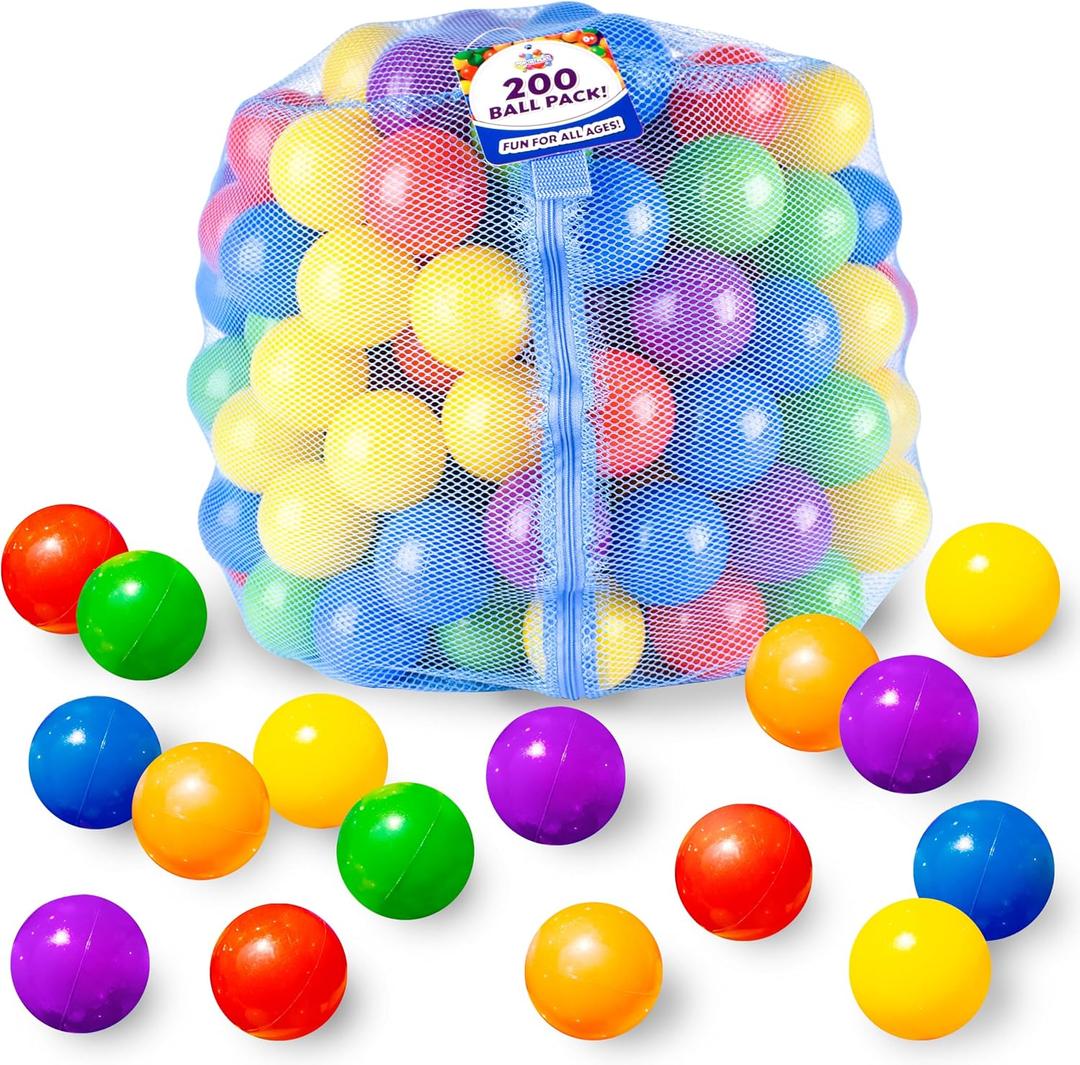 Sunny Days Entertainment 200 Premium Crush-Resistant Play Balls for Ball Pits Non-Toxic, BPA & Phthalate Free Vibrant Assorted Colors with Zippered Storage Bag (2.5" Diameter)