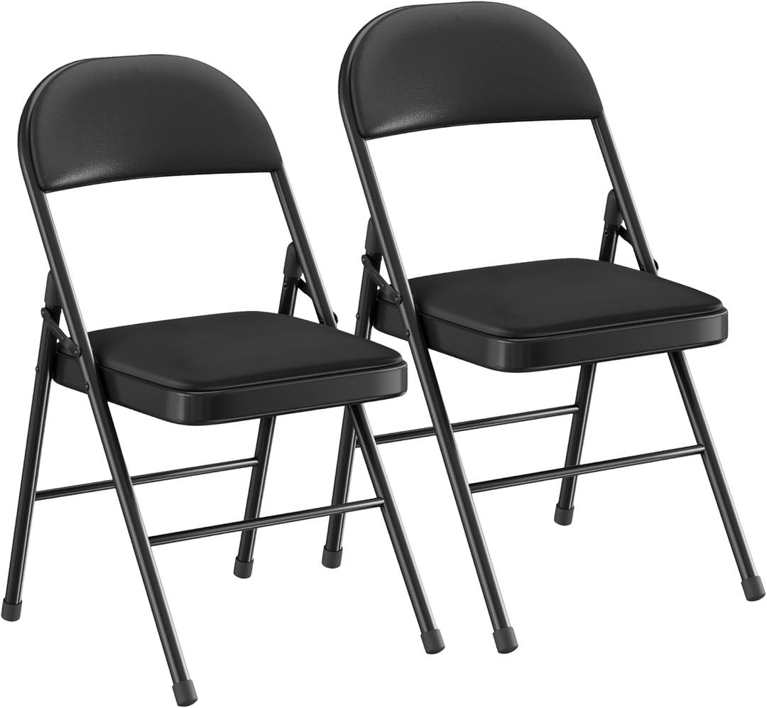 VECELO Folding Chairs Set of 2, Faux Leather Padded, Black, 2 Pack