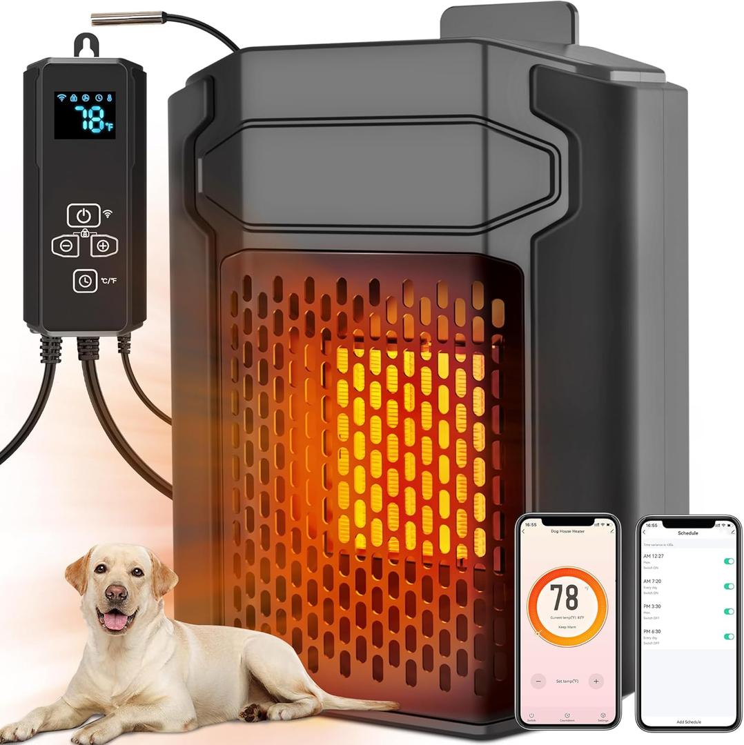 Dog House Heater with Thermostat & Smart APP WIFI Remote, 500W Fast Dog House Heaters Outdoor 41-113 Doghouse, Chicken Coop, Pig Cat House, Adjustable Temp & Timer, Pet Safe Space Electric