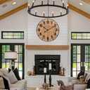 EMAX HOME Large Old Town Farmhouse Wall Clock 24 Inch Rustic Antique Wood with Metal Circle and Large Numerals Silent Battery Operated Wall Clock for Office Kitchen Bedroom Living Room