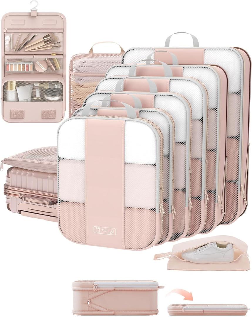 10 Set Compression Packing Cubes for Travel Gifts Women Mom, OlarHike Luggage Clothes Organizer for Travelers, Airplane/ Cruise/ Car/ Train Travel Essentials, Compressible Expandable Saver Space Bags(Beige)