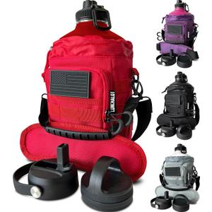 1 Gallon Water Bottle Jug - 128 Oz Insulated Stainless Steel Metal Water Bottle with Holder - Carrying Bag - Spout Handle - Straw Lids - Keep Cold & Hot - Red Tactical Flask