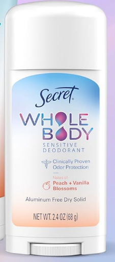 Secret Whole Body Deodorant Cream for Women, Peach & Vanilla Blossom Scent, Aluminum Free Deodorant, 72 HR Odor Protection, 2.4 oz