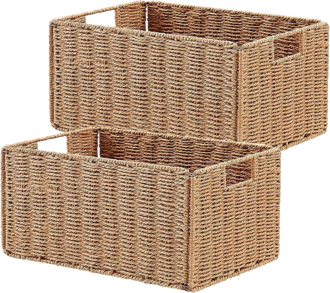 Wicker Storage Basket, Set of 2 Hand-Woven Paper Rope Wicker Basket, Small Storage Baskets for Organizing Toilet Paper, Foldable Large Cube Storage Organizer Bins for Shelves (Natural)