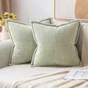 MIULEE Decorative Throw Pillow Covers for Couch Bed Livingroom 18x18 Inch Set of 2 Light Green Boho Accent Throw Pllows Broadside Striped Patchwork Soft Corduroy Summer Pillowcases