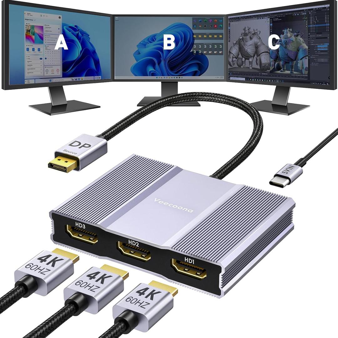 DisplayPort to HDMI Adapter 1 in 3 Out | 4K60Hz, DP Source to HDMI Splitter Extended Display port splitter for 3 monitors, MST Hub for Desktop,Laptop,NVIDIA, AMD Graphics Card - MACOS Not Support MST