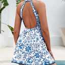 Zilcremo One Piece Swim Dress Color Block Swimsuit for Women | Tummy Control Skirted Bathing Suit,Cut Out,Side Slit,with Shorts,Halter Top,Backless,Sexy Slimming Swimwear (Blue, XL)