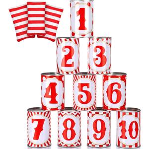 13 Pcs Carnival Can Game Bean Bag Toss Carnival Games with 10 Tin Cans and 3 Bean Bag for Easter Outdoor Family Party Birthday Indoors Outdoors Activities
