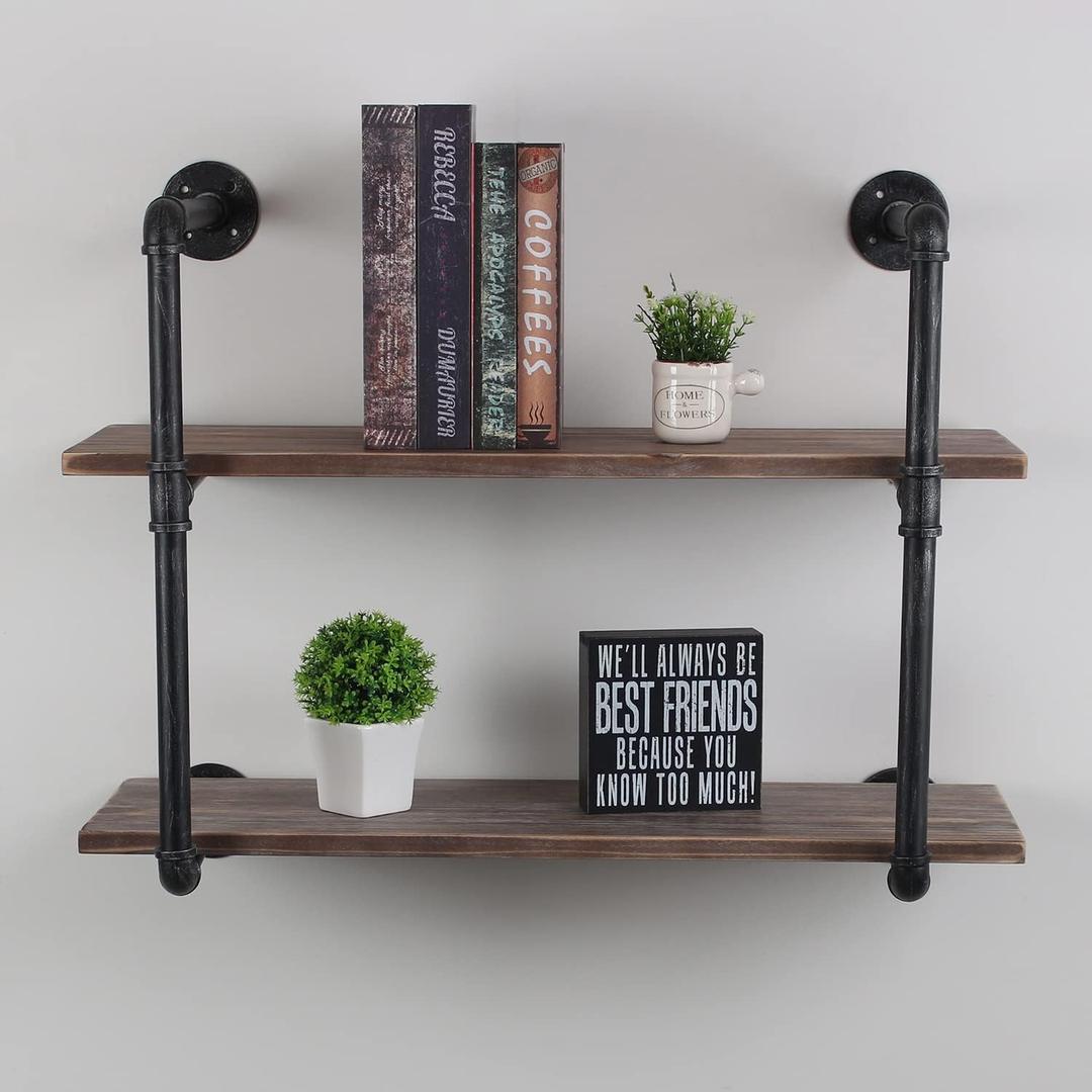 MBQQ Industrial Pipe Shelving Wall Mounted,30in Rustic Metal Floating Shelves,Steampunk Real Wood Book Shelves,Wall Shelf Unit Bookshelf Hanging Wall Shelves,Farmhouse Kitchen Bar Shelving(2 Tier)