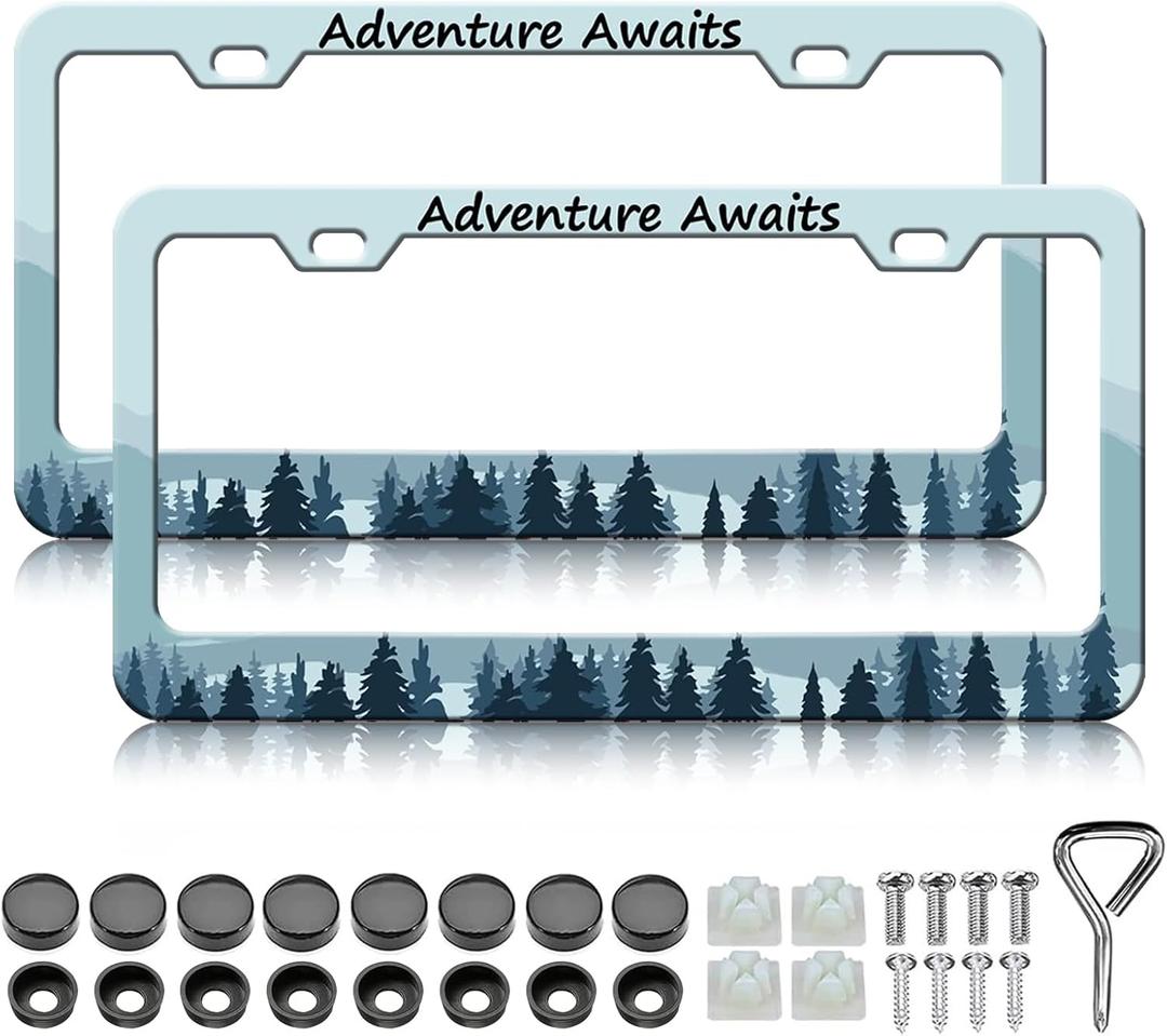 Adventure Awaits License Plate Frame - 2 PCS Mountain Forest Aluminum Metal License Plate Frames Holder Covers, Rust-Proof Waterproof Car Decorative Tag Frames for Standard Us 12x6 Inch