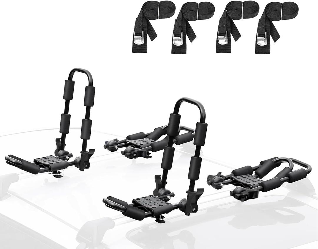 Leader Accessories Folding Kayak Rack 4 PCS/Set J Bar Car Roof Rack for Canoe Surf Board SUP On Roof Top Mount on SUV, Car and Truck Crossbar with 4 pcs Tie Down Straps